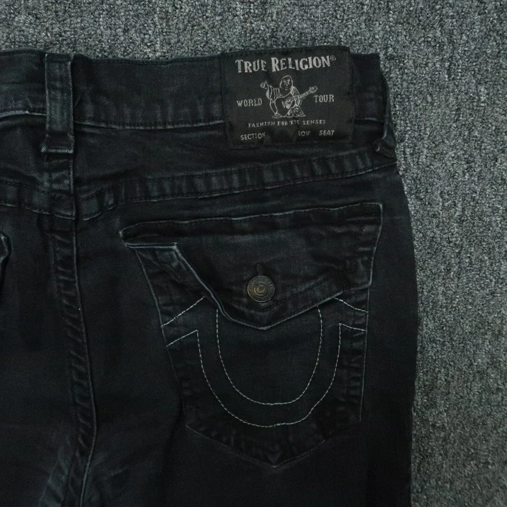 True Religion Jeans Men 38x33 Black Rocco Relaxed Skinny 5 Pocket Flaps